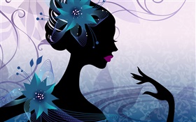ベクター設計、女の子、左ビュー、花、青色の背景