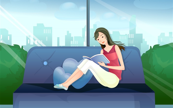ベクトルの女の子、赤いドレス、ソファの上で本を読んで 壁紙 ピクチャー