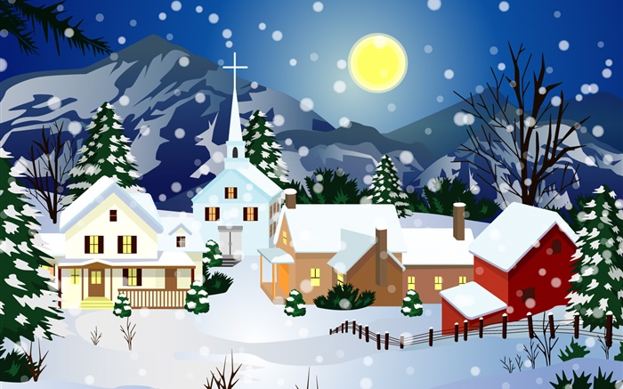 ベクタ画像、厚い雪、家、ムーン、クリスマス 壁紙 ピクチャー