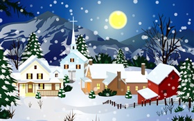 ベクタ画像、厚い雪、家、ムーン、クリスマス