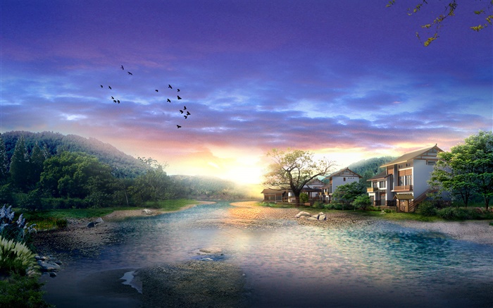 村、川、木、鳥、夕焼け、雲は、3Dデザインをレンダリング 壁紙 ピクチャー
