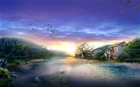村、川、木、鳥、夕焼け、雲は、3Dデザインをレンダリング