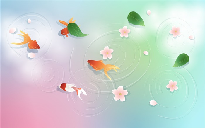 水、金魚、葉、花、ベクトルのデザイン 壁紙 ピクチャー