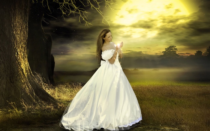 白いドレスのファンタジー少女、夕暮れ、魔法 壁紙 ピクチャー