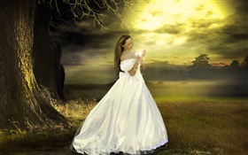 白いドレスのファンタジー少女、夕暮れ、魔法