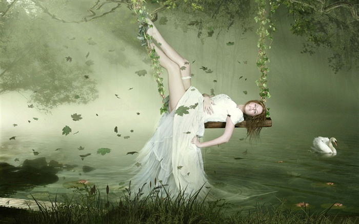 スイング、白鳥、湖、葉の上に横たわる白いドレスのファンタジー少女 壁紙 ピクチャー