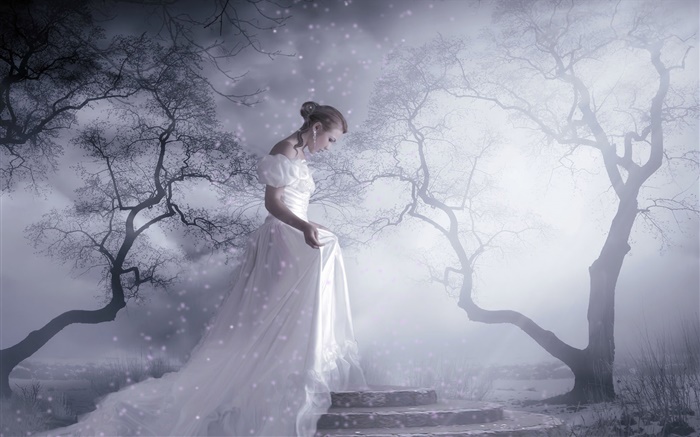 白いドレスのファンタジーの女の子、木、雪、光線 壁紙 ピクチャー