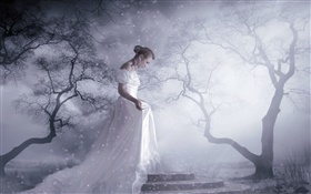 白いドレスのファンタジーの女の子、木、雪、光線 HDの壁紙