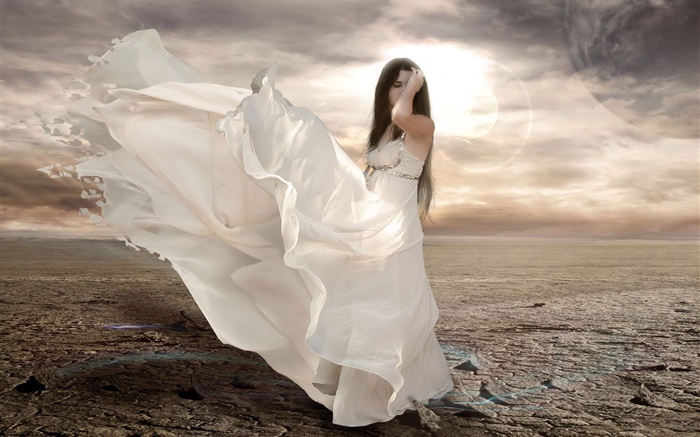 白いドレスのファンタジーの女の子、風、太陽 壁紙 ピクチャー