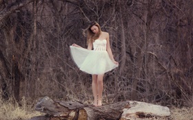 白いドレスの女の子、森、孤独 HDの壁紙