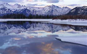 冬、雪、山、木、湖、水の反射 HDの壁紙