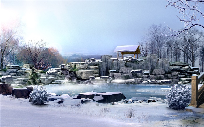 冬、厚い雪、石、木、池、3Dは画像をレンダリング 壁紙 ピクチャー