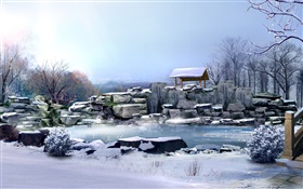 冬、厚い雪、石、木、池、3Dは画像をレンダリング