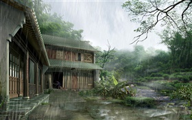 ウッドハウス、大雨、木、3Dは画像をレンダリング
