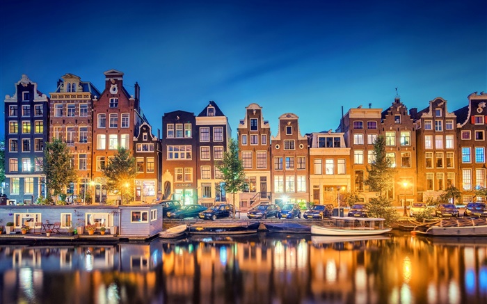 アムステルダム、オランダ、都市、夜、川、住宅、ライト 壁紙 ピクチャー