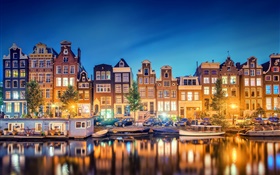 アムステルダム、オランダ、都市、夜、川、住宅、ライト HDの壁紙