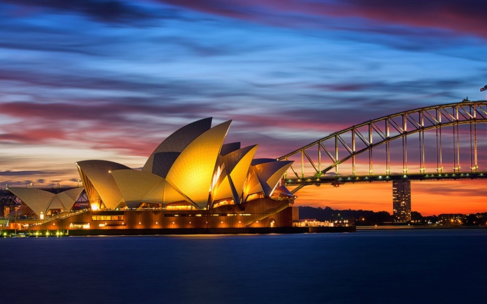 オーストラリア、シドニー・オペラ・ハウス、橋、夜、ライト、海 壁紙 ピクチャー