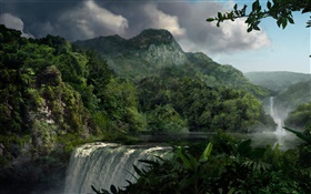 美しい風景、滝、山、植物