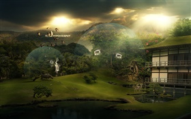 美しい村、家、動物、鳥、蝶、創造的なデザインの写真 HDの壁紙