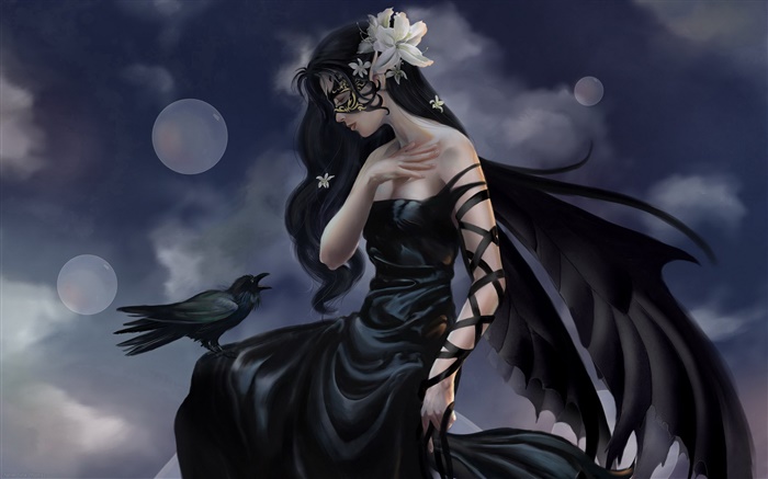 黒いドレスのファンタジー少女、カラスウィザード、翼 壁紙 ピクチャー