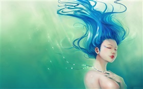 青色の髪のファンタジー少女、ヘアフライング HDの壁紙