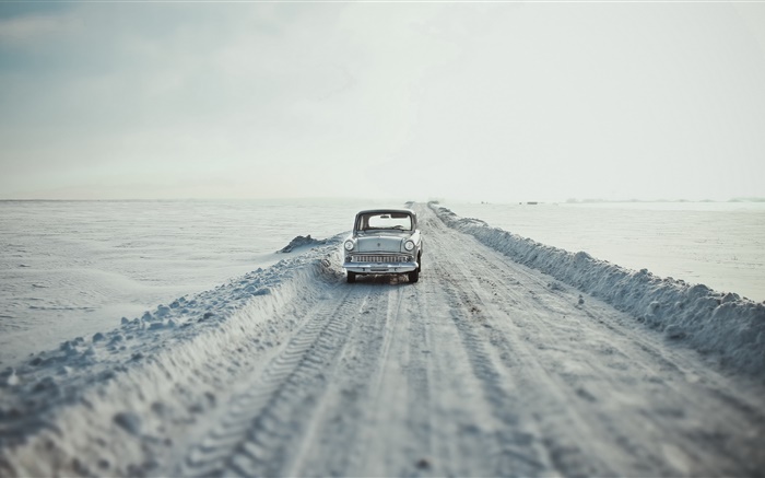 車、道路、雪、レトロなスタイル 壁紙 ピクチャー