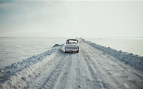 車、道路、雪、レトロなスタイル HDの壁紙