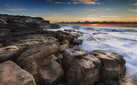 海岸、海、岩、日の出、ビーチ HDの壁紙