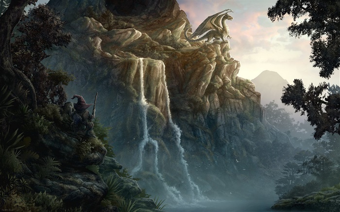 ドラゴン、崖、滝、創造的なデザイン 壁紙 ピクチャー