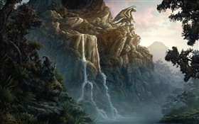 ドラゴン、崖、滝、創造的なデザイン HDの壁紙