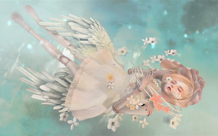 ファンタジー天使の少女、ブロンド、睡眠、花 壁紙 ピクチャー