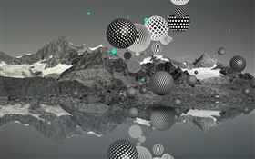 黒と白の飛行ボール、山、湖、クリエイティブな写真 HDの壁紙