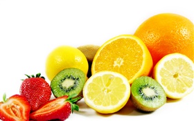 フルーツクローズアップ、オレンジ、レモン、キウイ、イチゴ HDの壁紙