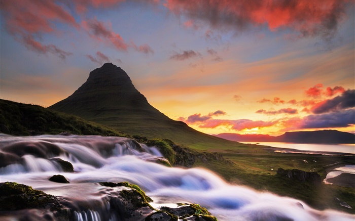 アイスランド、Kirkjufell、山、滝、朝、日の出 壁紙 ピクチャー