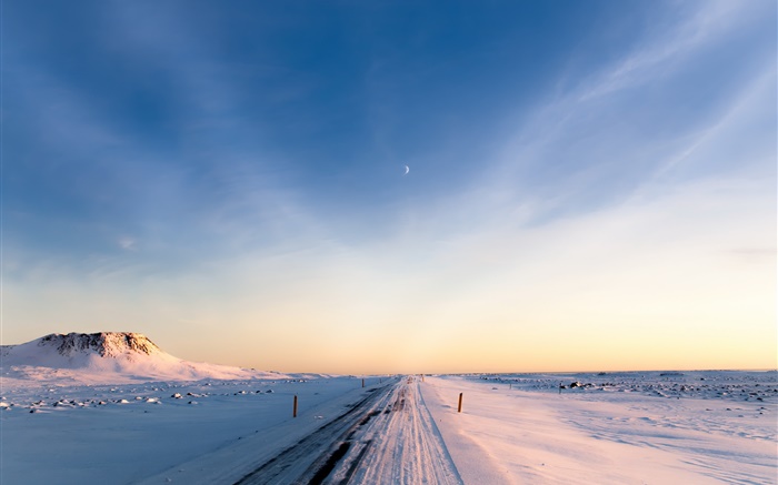 アイスランド、冬、雪、道路、朝、空 壁紙 ピクチャー
