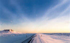 アイスランド、冬、雪、道路、朝、空