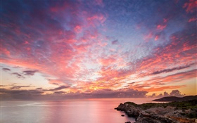 海、海岸、岩、日没、赤い空、美しい風景 HDの壁紙