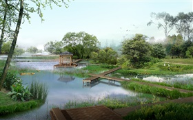 パークビュー、湖、アヒル、木、パビリオン、草、鳥は、3Dは画像をレンダリング HDの壁紙