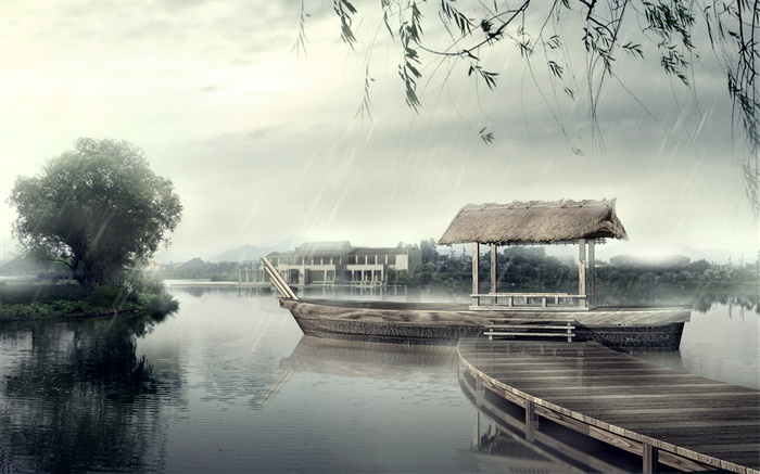桟橋、ボート、川、木、雨の日、3Dデザイン 壁紙 ピクチャー