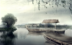 桟橋、ボート、川、木、雨の日、3Dデザイン HDの壁紙