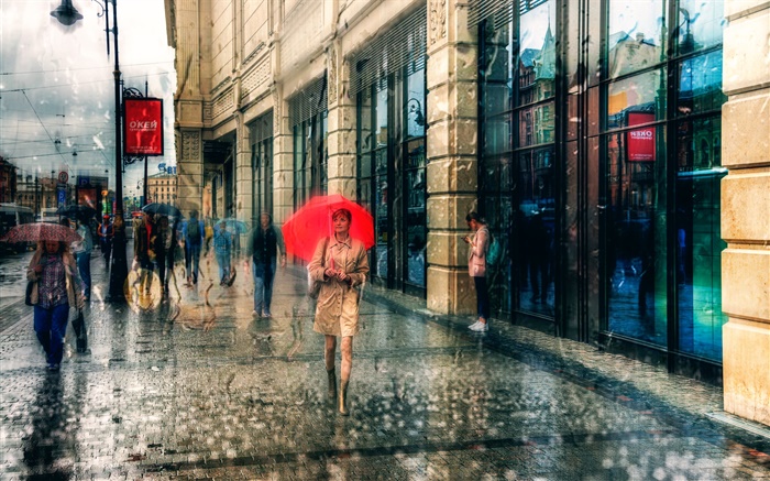 サンクトペテルブルク、女の子、傘、雨、ストリート、人々 壁紙 ピクチャー