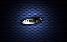 サムスン金属ロゴ、青の背景 HDの壁紙