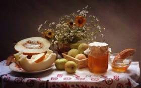 静物、食べ物、花、リンゴ、蜂蜜、メロン