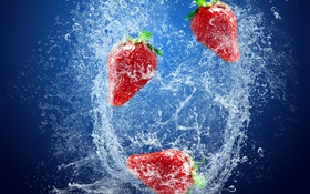 イチゴ、赤い果実、水のスプラッシュ、泡 HDの壁紙