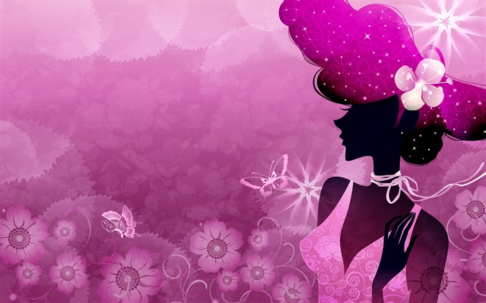 夏、紫色の背景、ベクトルの女の子、太陽、花、蝶 壁紙 ピクチャー