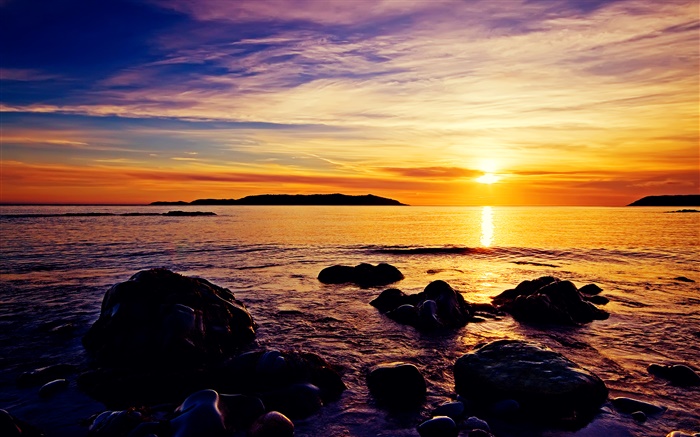 日没海岸、石、海、美しいです 壁紙 ピクチャー