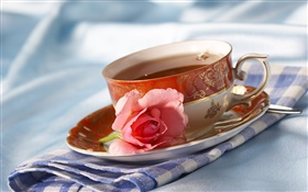 お茶、カップ、ドリンク、ピンクの花をバラ HDの壁紙