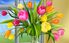 チューリップ、花、色、花瓶、アート写真 HDの壁紙