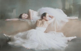水彩画、バレエ、ダンサーの女の子、白いドレス HDの壁紙