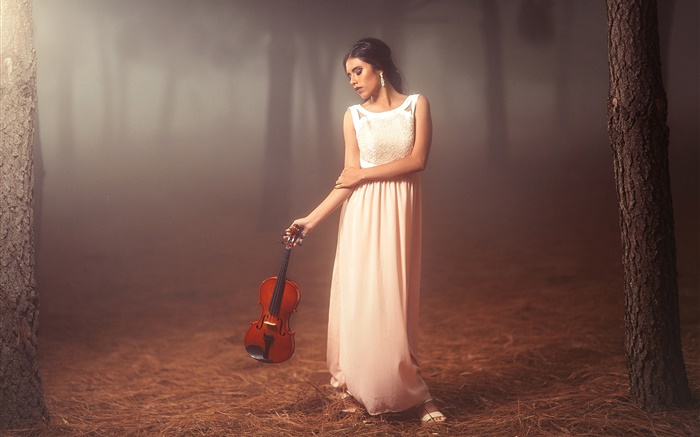 森、バイオリン、気分の白いドレスの女の子 壁紙 ピクチャー